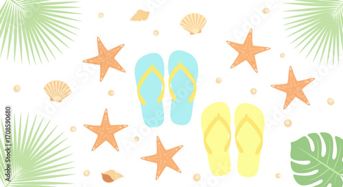 Colorful flip flops and starfish for summer beach vacation.