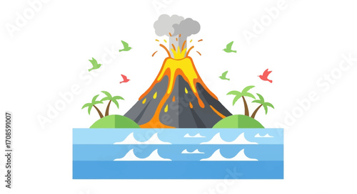 Volcano Eruption on Tropical Island.
