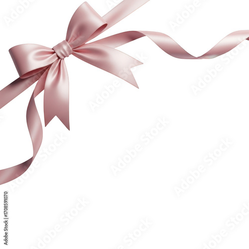 Elegant pink satin ribbon bow tied with flowing tails isolated on transparent background