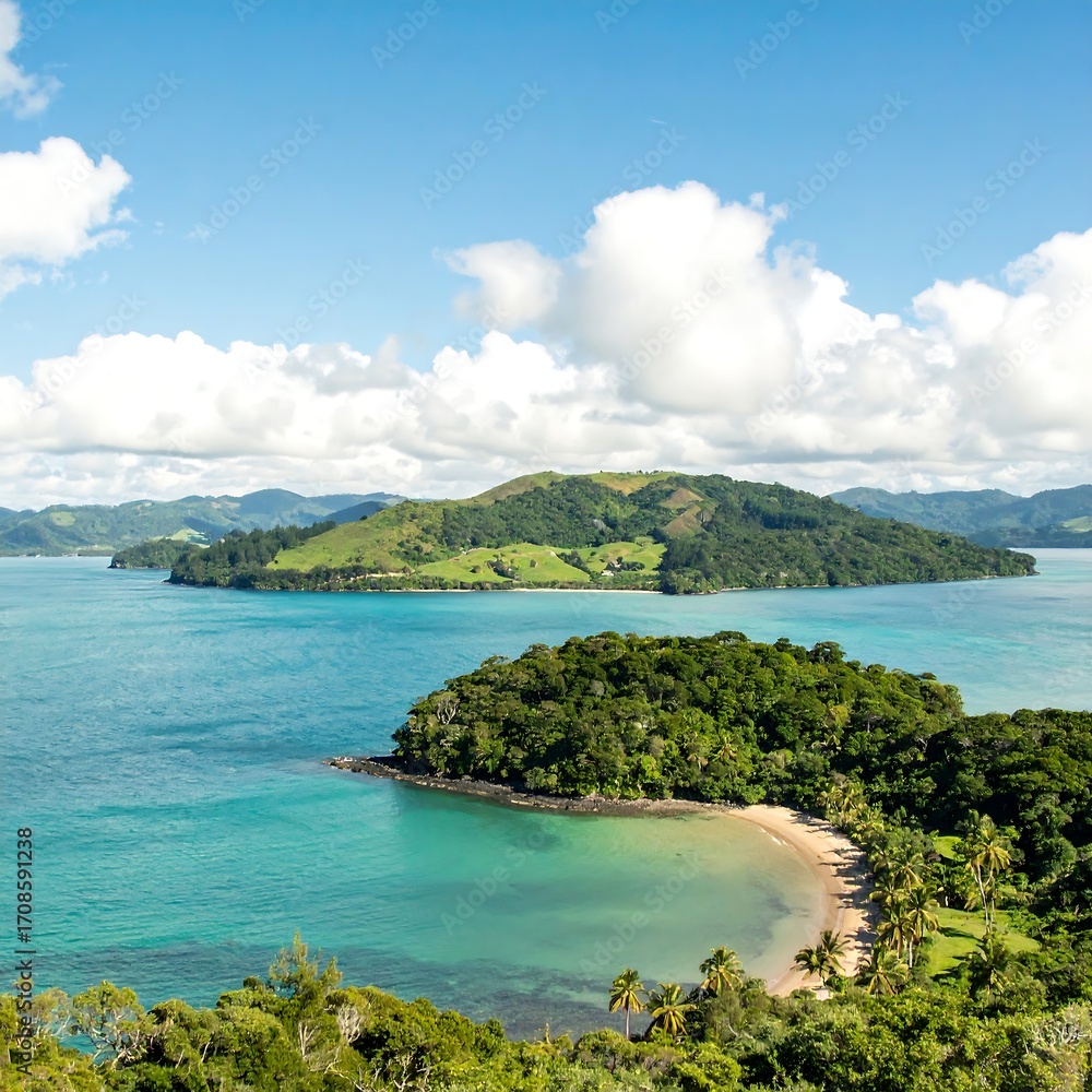 Fototapeta premium Tropical island bay, lush greenery, calm waters, bright sky