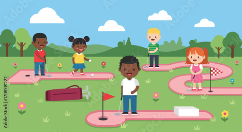 Children playing mini golf on pink course.