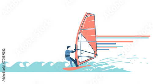 Windsurfer riding waves with colorful sail and speed lines.