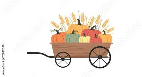 Wooden farm cart overflowing with colorful pumpkins and wheat for autumn harvest.