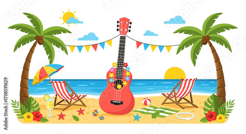 Red ukulele on a sandy beach with tropical decorations.