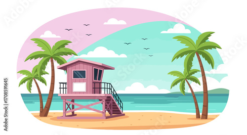 pink lifeguard stand on a beach.