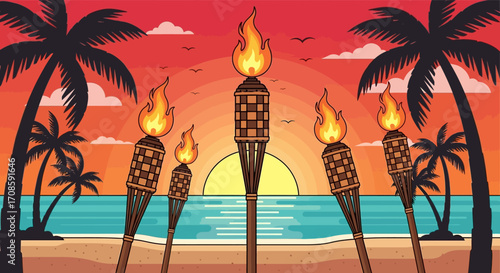 Multiple flaming tiki torches stand tall with bright fire.