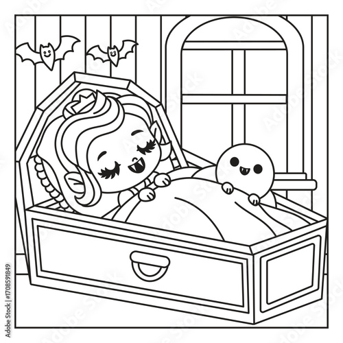 Cute character sleeping in a coffin with a ghost