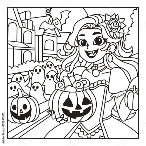 Cheerful girl with pumpkin in Halloween scene