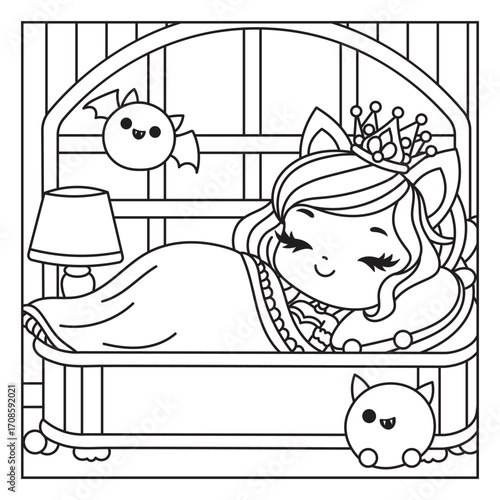 Cute sleeping girl with cat ears and playful creatures