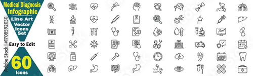 Medical Diagnosis Infographic Line Art Vector Icons Set. 60 Icons Easy to Edit illustration