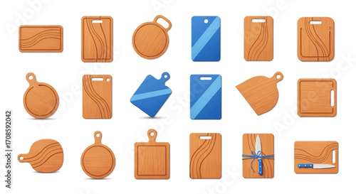 Collection of Wooden and Blue Cutting Boards for Kitchen Use.