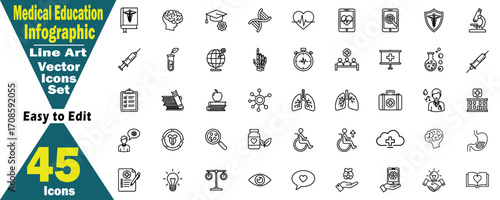 Medical Education Infographic Line Art Vector Icons Set. 45 Icons Easy to Edit illustration