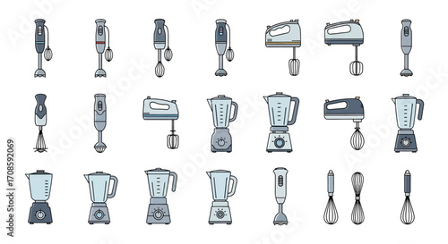 Collection of Kitchen Blenders and Mixers Hand Drawn Illustration.