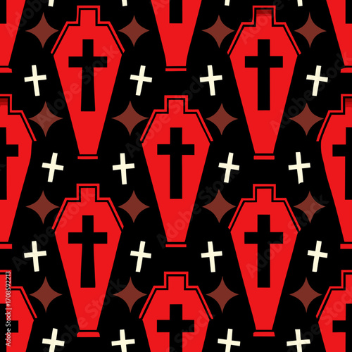 Seamless pattern with red coffins and crosses on black background  