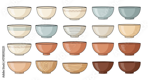 Collection of various empty ceramic and pottery bowls in different colors and patterns.