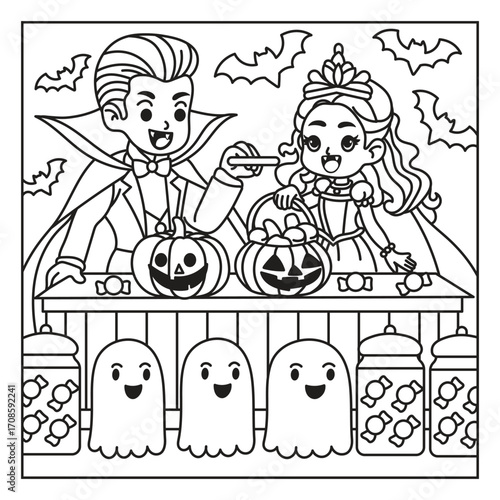 Halloween Coloring Page with Vampire and Princess