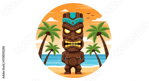 Fierce Tiki Idol Statue with Tribal Face and Angry Expression.