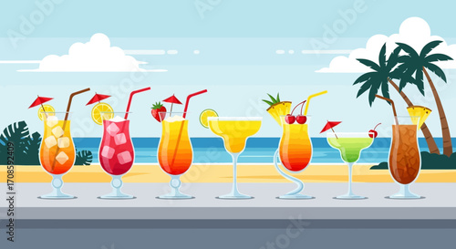 Assortment of colorful summer cocktails in glasses.