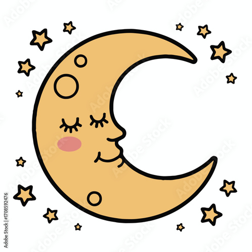 Vector art of cute moon cartoon smiling moon with closed eyes and stars around vector illustration of a moon with a kawaii face perfect for childrens books, greeting cards, and posters