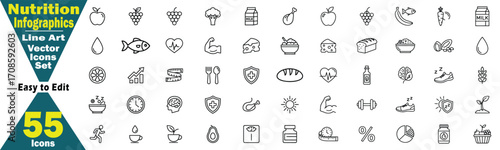 Nutrition Infographics Line Art Vector Icons Set. Easy to Edit 55 Icons medical, wellness, heart, nutrition, food, healthy eating, diet concept. 