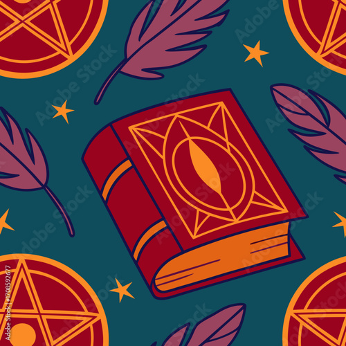 Seamless pattern with spell books, feathers, and ancient runes  