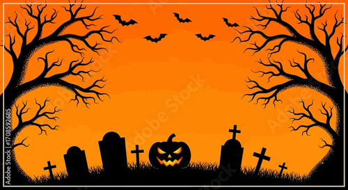 Spooky Halloween graveyard with jack o lantern and bats.