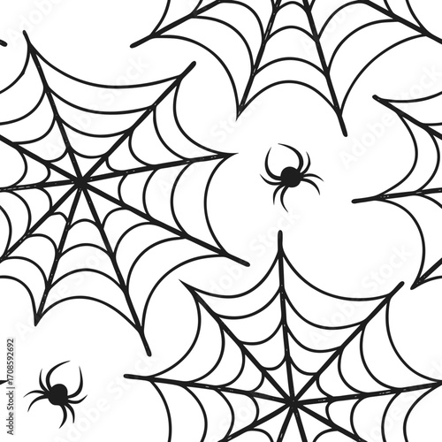Seamless pattern with spider webs and tiny spiders on white background  