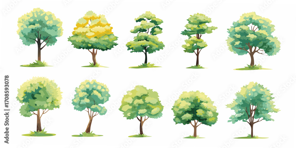 Fototapeta premium Collection of ten diverse stylized deciduous trees with green and yellow foliage on a white background