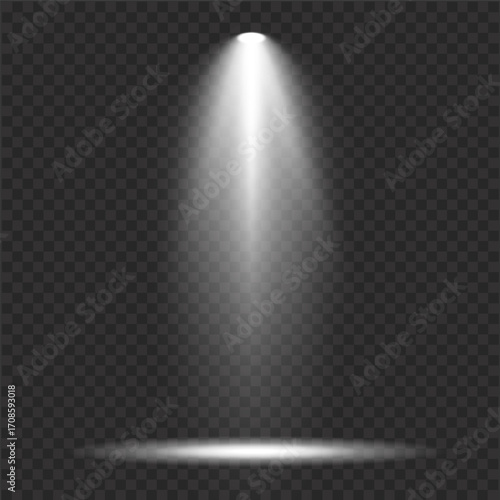 Abstract white spotlight effect with glowing halo and soft bright beams on an empty studio backdrop. Blurred shine, radiant glare and smooth illumination for modern product scene. Vector illustration 