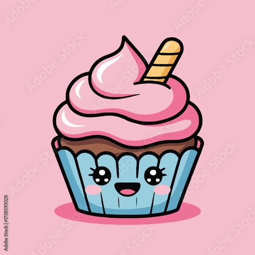 Vector art of a delightful cartoon cupcake with pink frosting, a striped wafer stick, and a cute, smiling face on a soft pink background, creating a sweet and charming illustration for dessert lovers