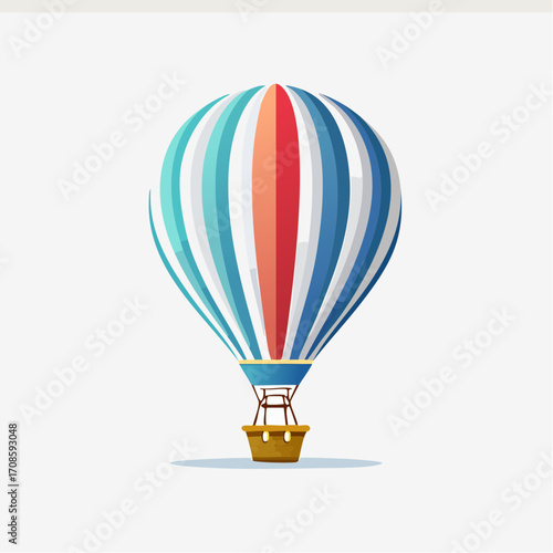 Vibrant striped hot air balloon soaring against a pristine white background for artistic applications