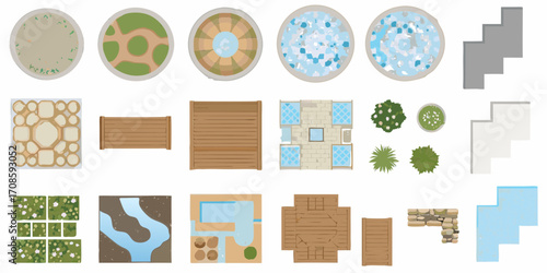 Collection of top down landscape design elements and architectural components for outdoor spaces