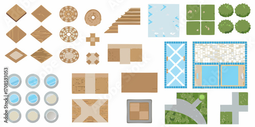 Top down view of architectural elements and landscape design components for a blueprint or plan
