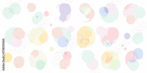 Collection of soft pastel watercolor blobs and circles with subtle speckle details overlayed on a white background