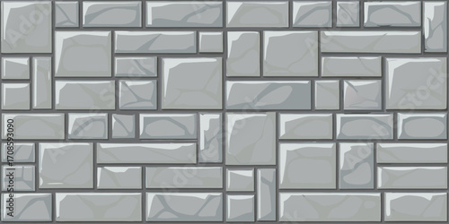 Seamless pattern of a textured gray stone wall with irregular rectangular and square blocks
