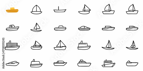 Set Sail with this Diverse Collection of Hand-Drawn Boat Icons - Perfect for Nautical Designs, Travel Projects, and Maritime Themes