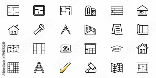 Architectural design icons featuring blueprints and building plans, perfect for construction and real estate marketing, originally a scalable graphic