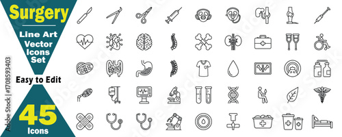 Surgery Line Art Vector Icons Set. 45 Icons Easy to Edit surgery, icon, set, medical, health, operation, doctor, nurse, procedure, blood, robot, graphic, scalpel, band, operation, face, vector concept