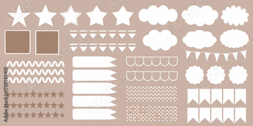 Collection of hand drawn white decorative elements including stars clouds bunting and ribbons on a neutral background