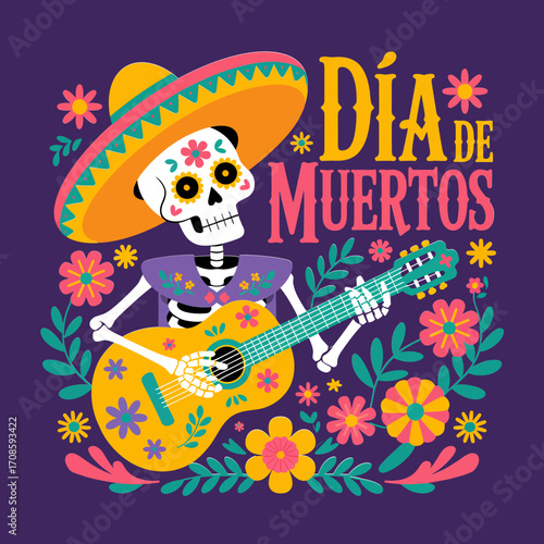Dia de Muertos greeting, skeleton playing guitar, sombrero and flowers, candle altar, decorative typography, purple festival illustration