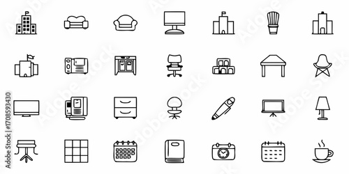 Versatile Office Icons for Modern Design Projects Representing Business Essentials, Furniture, and Stationery in a Clean Vector Style
