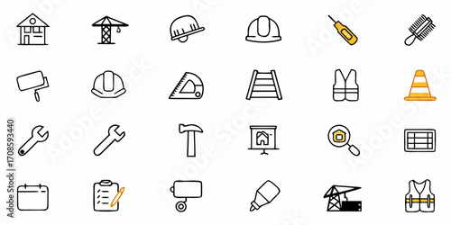 Versatile construction icon set perfect for architectural designs, showcasing building tools, safety equipment, and planning elements in a clean, modern style