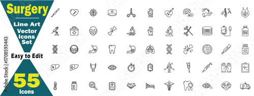 Surgery Line Art Vector Icons Set. 55 Icons Easy to Editable concept of surgery, icon, set, medical, health, operation, doctor, nurse