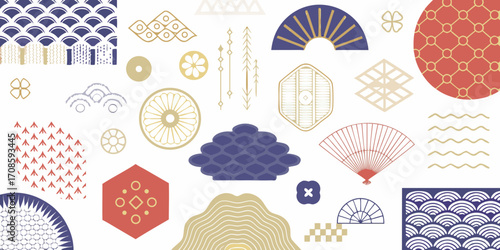 Collection of traditional japanese geometric patterns and motifs in a collage style