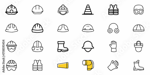 Essential construction safety gear icons, perfect for workplace safety presentations, hazard awareness training, and promoting safe work environments, originally vector graphics