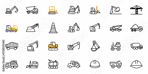 Construction Equipment Icons for Building Projects, Machinery, and Infrastructure Development, Featuring Trucks, Cranes, and Bulldozers for Engineering and Site Management