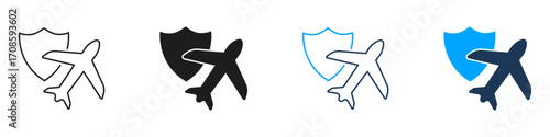 Airplane With Shield Line And Solid Icon Set. Aviation Safety And Travel Insurance Symbol Collection. Flight Protection And Security Assurance. Isolated Vector Illustration