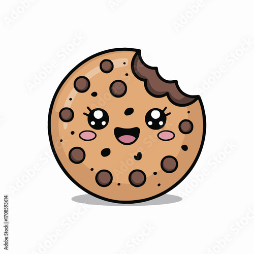 Vector art of cute chocolate chip cookie with a bite taken out, a delightful cartoon illustration of a sweet treat with kawaii eyes and a cheerful smile, perfect for childrens books or dessertthemed d