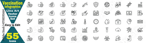 Vaccination Infographics Line Art Vector Icons Set With Medical And Health Symbols including doctor, syringe, shield, globe, calendar, handshake, dna, thermometer, clock, blood drop, briefcase, brain.