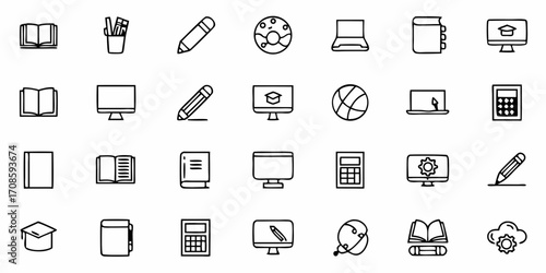 Diverse educational icons for online learning and back to school projects, offering a modern and clean design perfect for websites, apps, and presentations